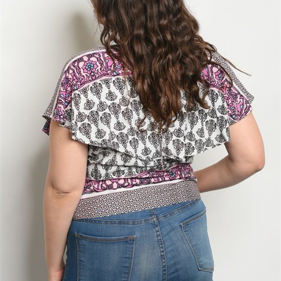 PLUS SIZE SHORT SLEEVE OFF WHITE & ROSE RUFFLED LA - Picture 2 of 2